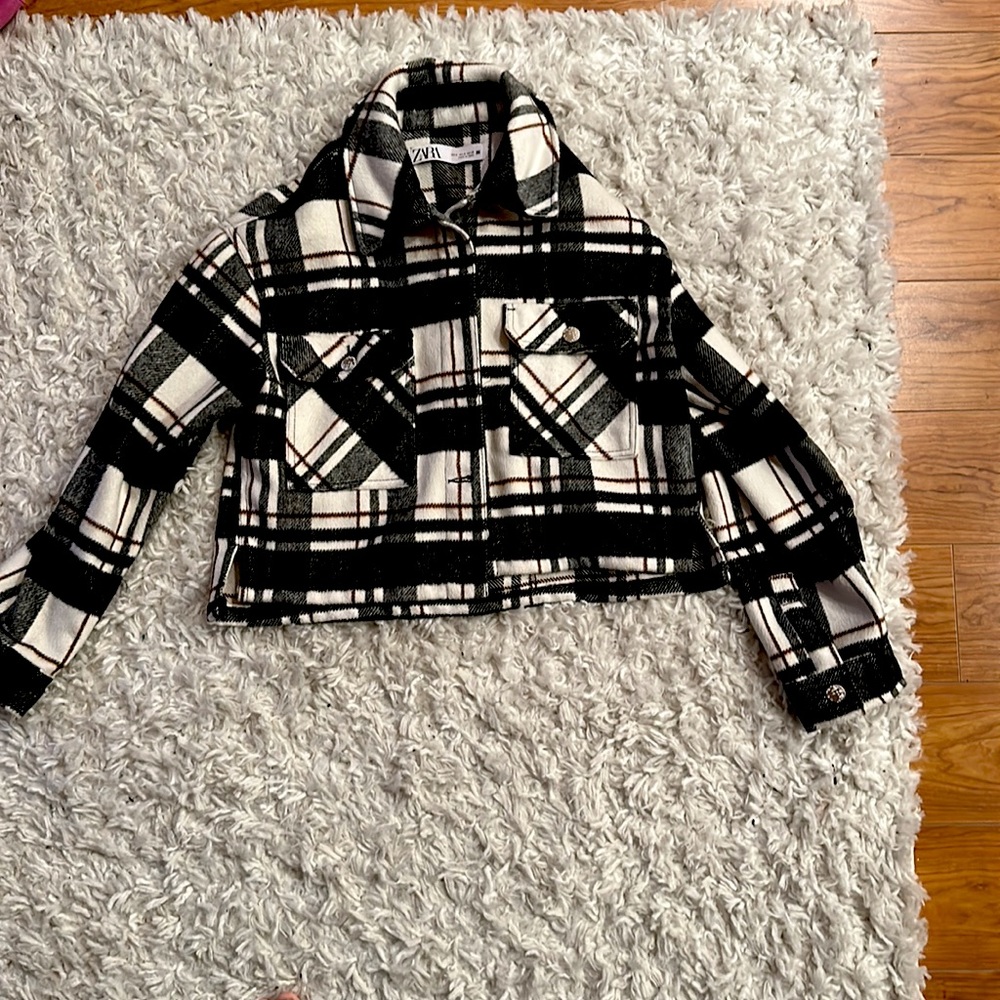 ZARA black, white and red plaid jacket with chain accent on back Size S